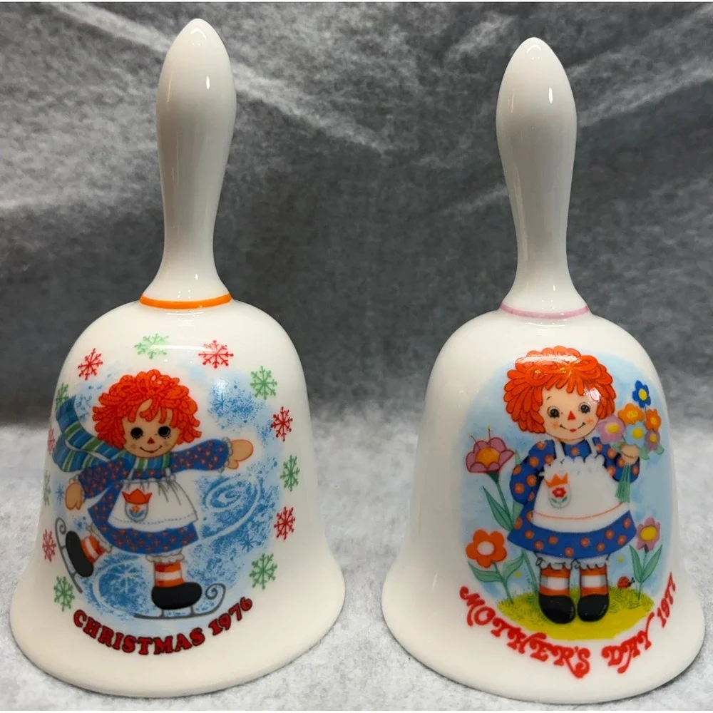 Vintage Raggedy Ann Porcelain Bell Set Christmas 1976 Mother's Day 1977 2pc